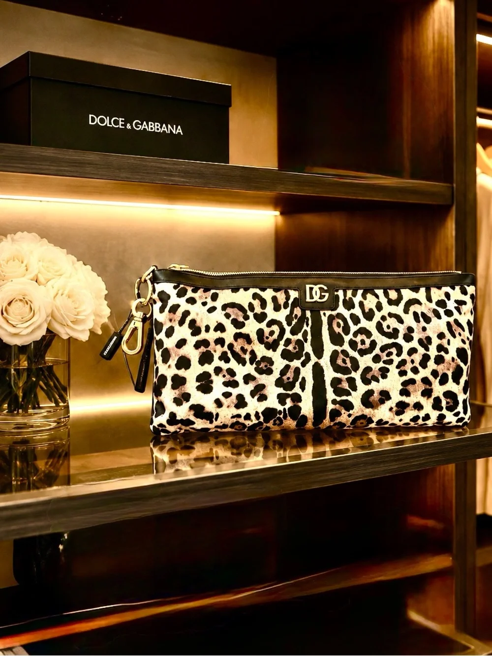 Dolce & Gabbana Leopard Print Satin Clutch in Brown and Black with Gold Hardware